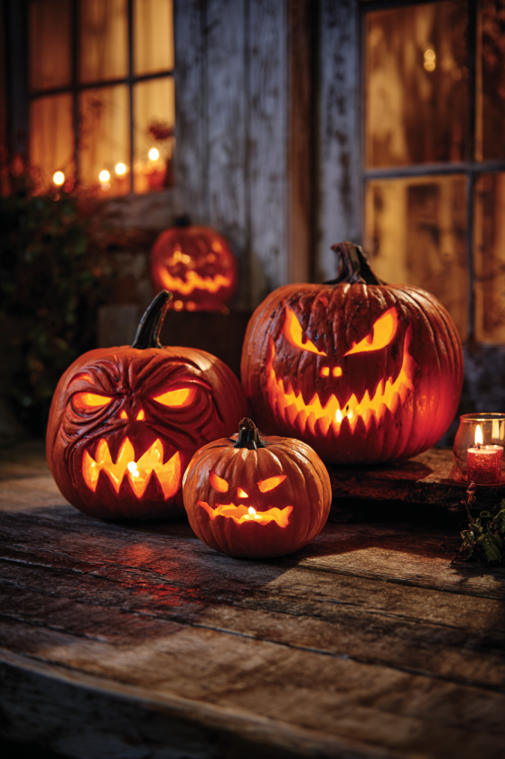 Three Terrifying Pumpkin Carvings with Menacing Facial Expressions