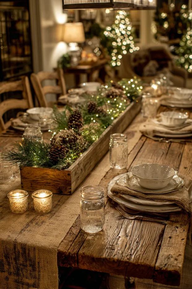 Rustic Farmhouse Holiday Table Setting with Pinecone Charm