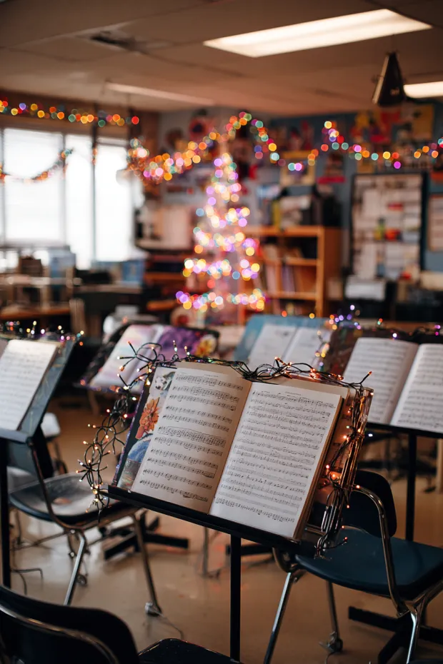 Band Classroom with Sheet Music Trees and Clip Light Music Stands