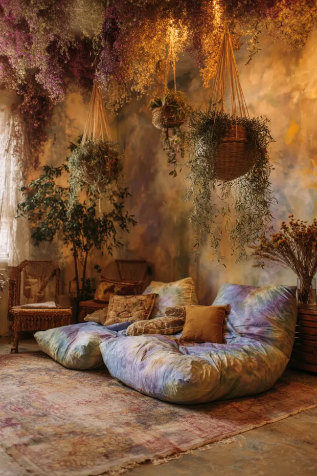 Bohemian Bedroom with Hanging Plant Vines and Tie-Dye Floor Cushions