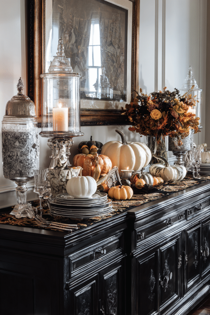Dining Room Sideboard Fall Halloween Decor Display