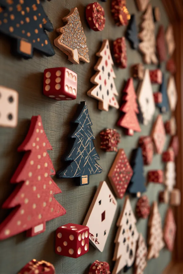 Game Room Wall with Playing Card Christmas Trees and Poker Chip Garlands