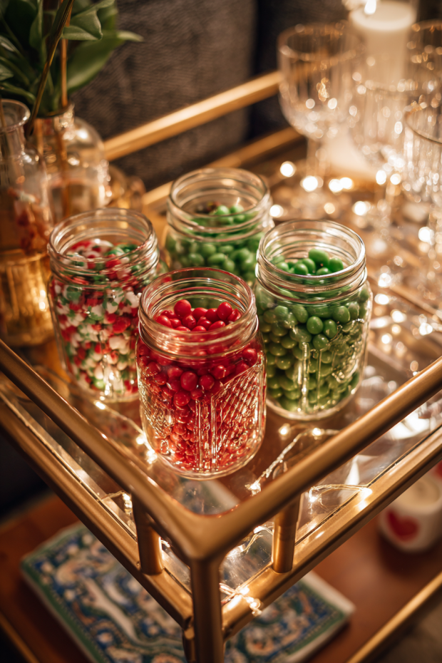 Home Bar Cart with Mason Jar Candies and Handmade Cocktail Napkins