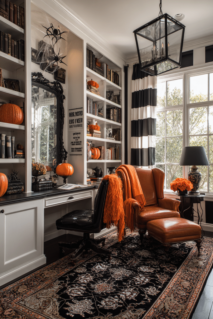 Study Library Home Office Black White and Orange Halloween Decor Ideas