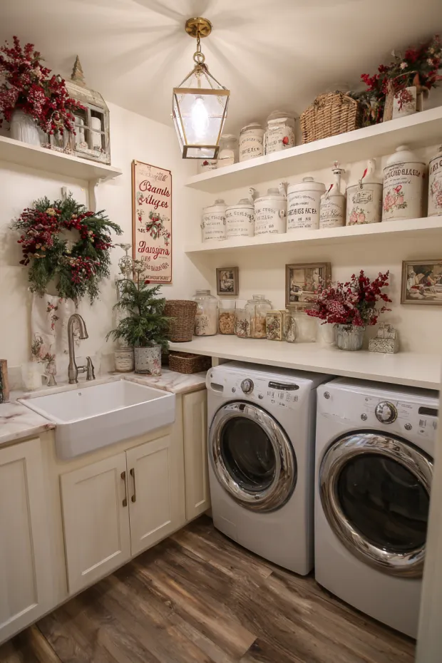 Vintage Laundry Room Christmas with Antique Cleaning Supplies
