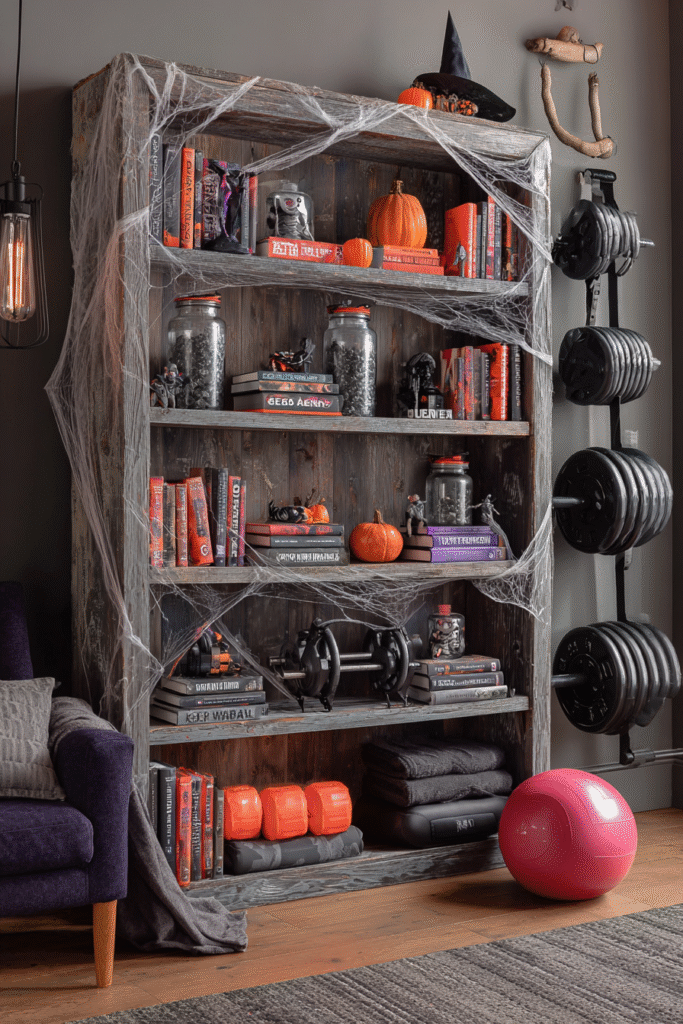 Exercise Room Halloween Spooky Bookcase and Decor Ideas