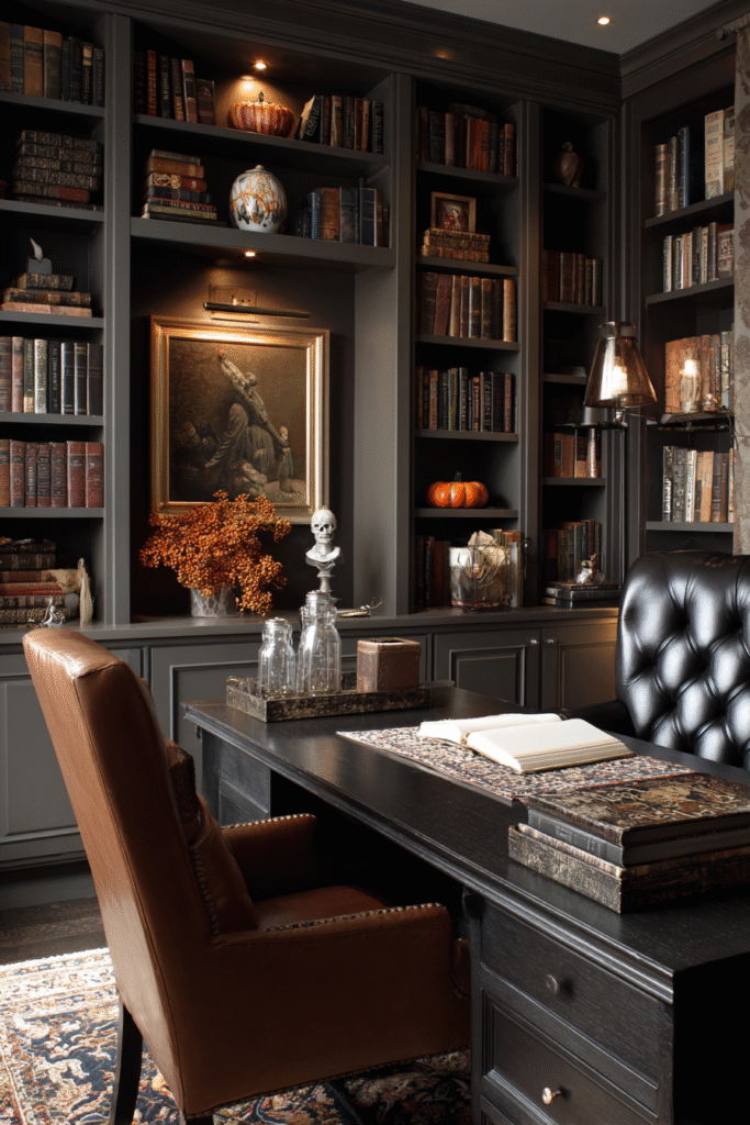 Home Office Bookshelf Fall Halloween Decor Integration