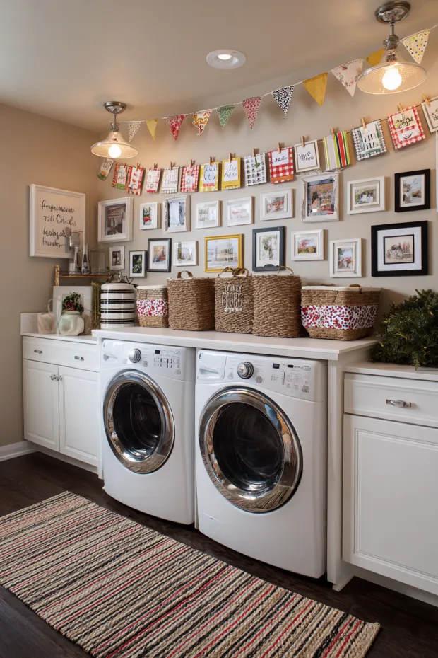 Laundry Room Wall with Clothesline Christmas Cards and Holiday Storage Labels