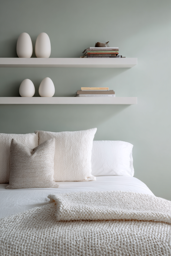 Minimalist Bedroom with Sage Green Accent Wall and Graduated Ceramic Eggs