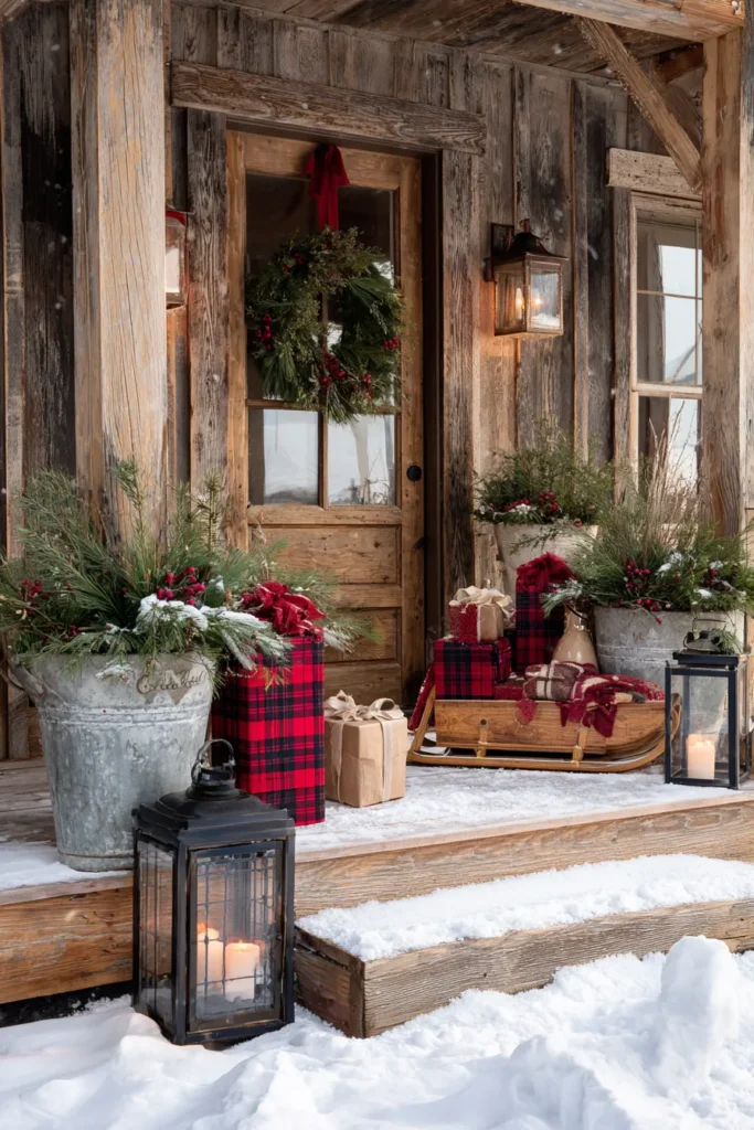 Rustic Farmhouse Christmas Porch with Burlap and Vintage Sled