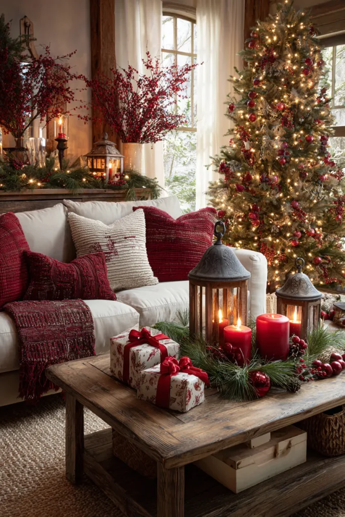 Rustic Lantern-Lit Cozy Christmas Living Room
