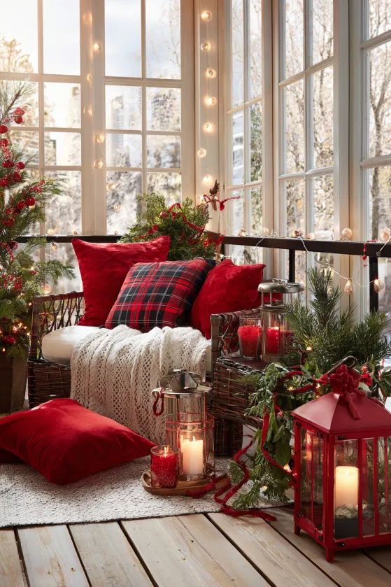 Sunroom Christmas- Covered Outdoor Red-Themed Holiday Extension