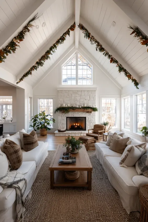Modern Farmhouse Great Room with Vaulted Dual-Season Garlands