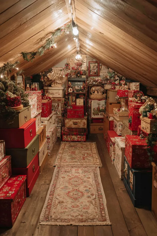 Attic Christmas Storage with Vintage Decoration Collections