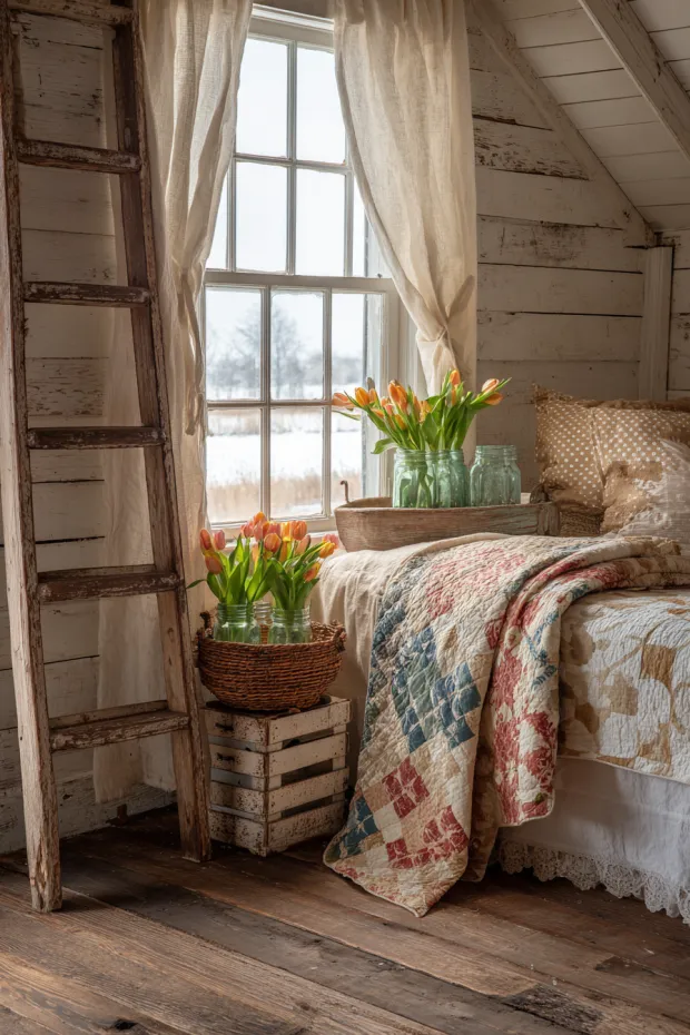 Farmhouse Guest Room with Vintage Ladder Quilt Display and Forced Tulips