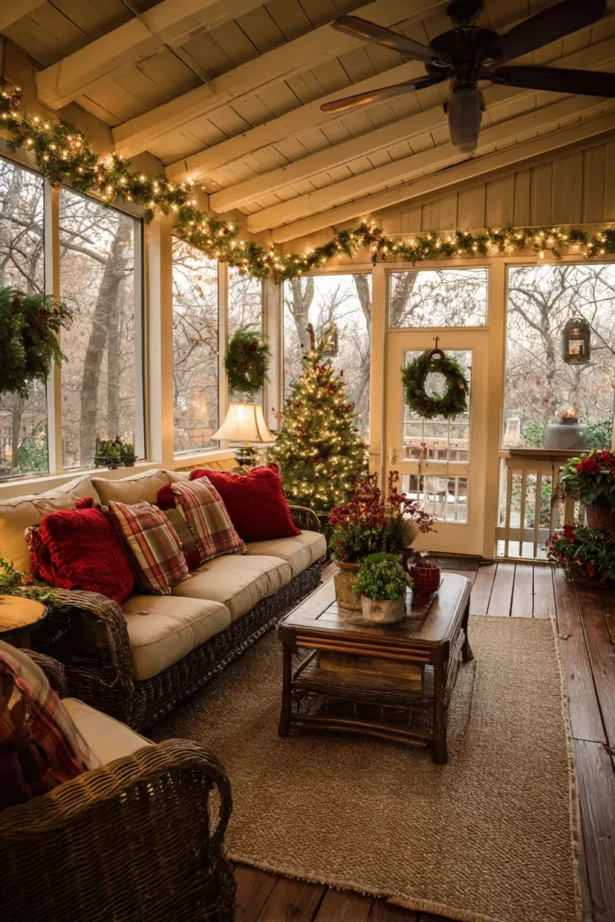 Screened Porch Christmas Decor with Weather Protection