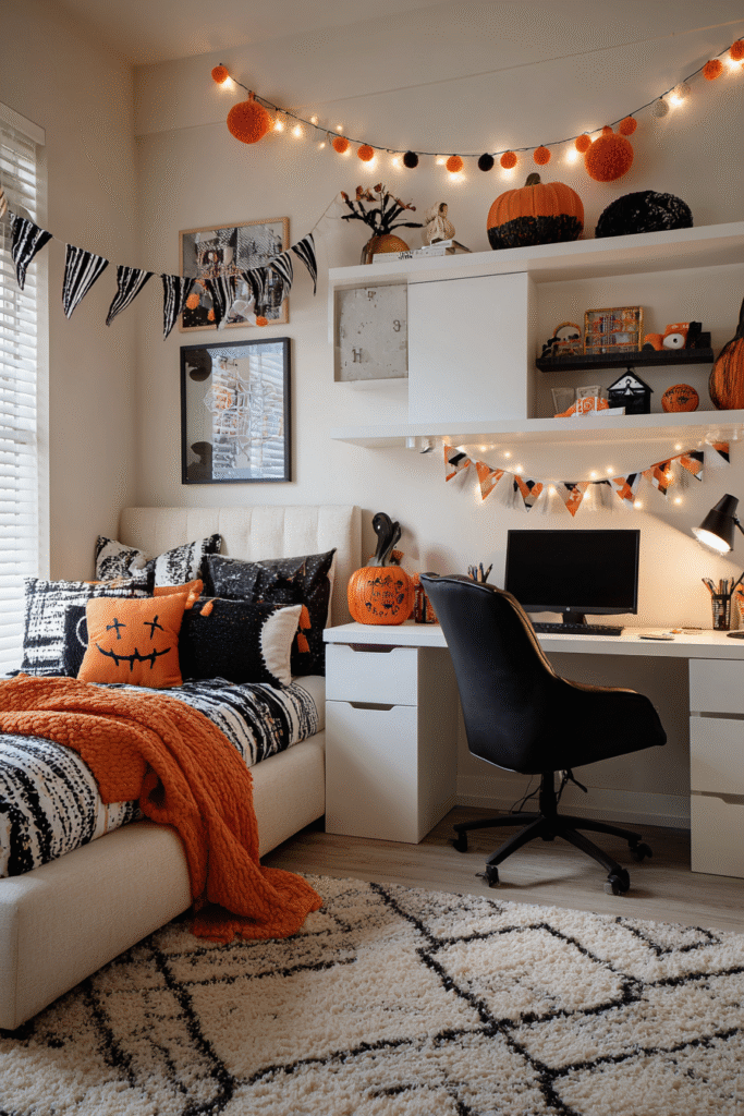 Teen Bedroom Youth Space Black White and Orange Halloween Decor Ideas