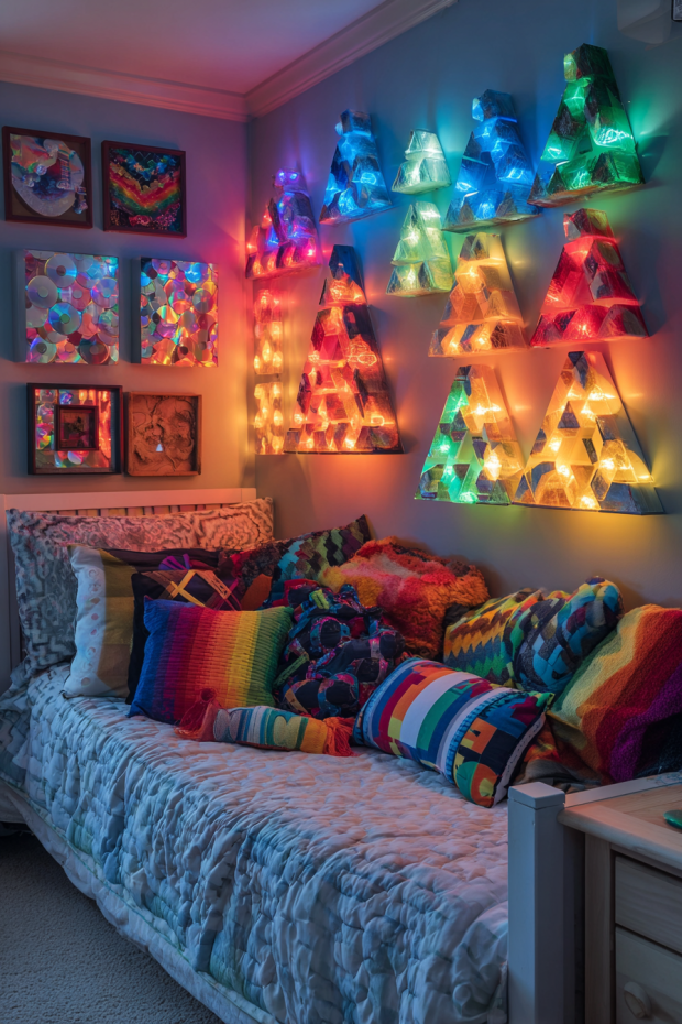 Teen Bedroom with Wall Light Christmas Trees and Recycled CD Ornaments