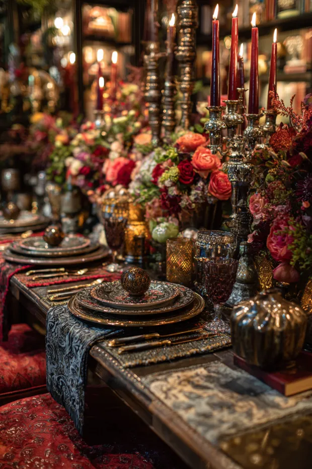 Maximalist Christmas Dining Table with Abundant Festive Decorations