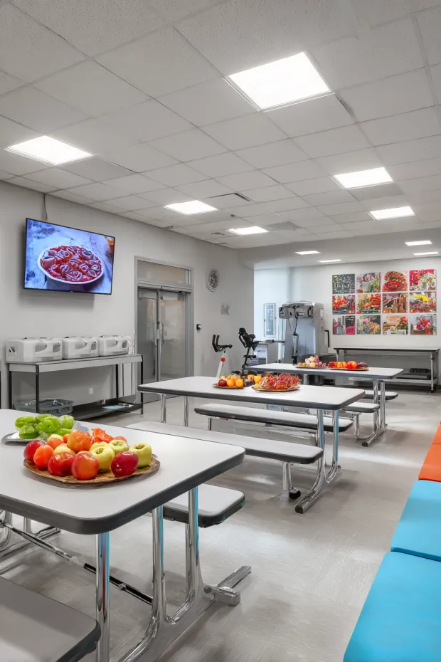 Health Classroom with Nutrition Displays and Holiday Exercise Stations