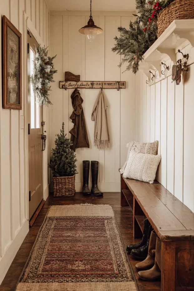 Vintage Mudroom Christmas with Antique Storage Solutions