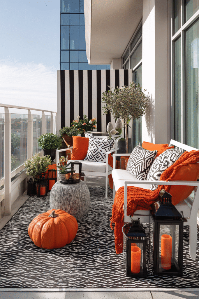 Apartment Balcony Outdoor Black White and Orange Halloween Decor Ideas