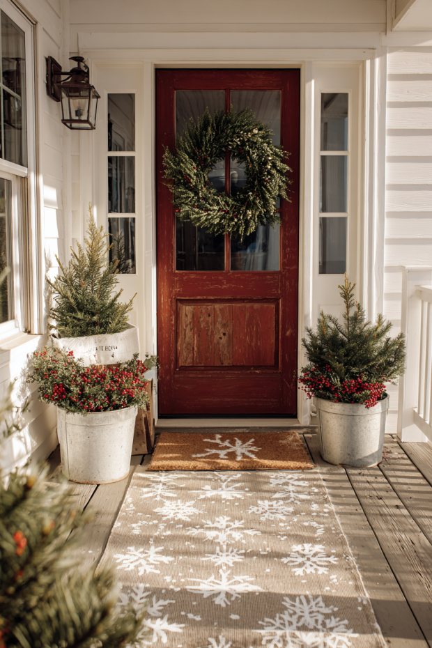 Front Door with Newspaper Flower Wreath and Stenciled Welcome Mat