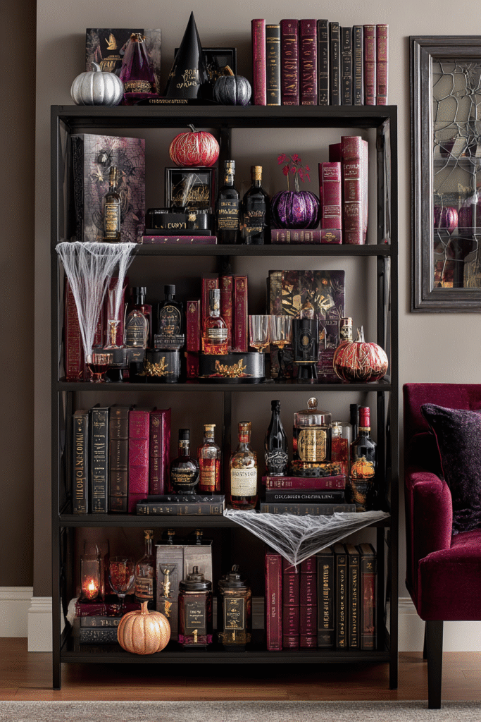 Home Bar Halloween Spooky Bookcase and Decor Ideas