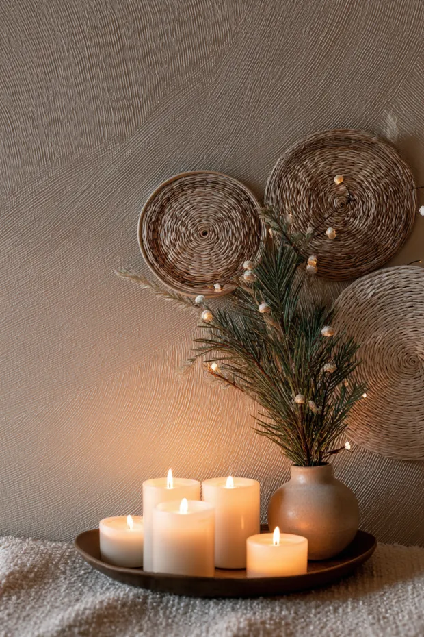 Meditation Room Wall with Minimalist Christmas Symbols and Natural Materials
