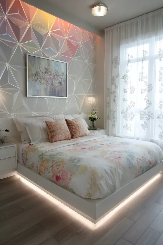 Modern Bedroom with Geometric Easter Egg Wall Decals and Platform Lighting