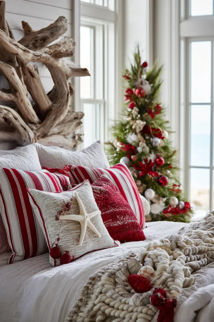 Coastal Christmas Charm- Driftwood and Seashell Red-Accent Holiday Bedroom