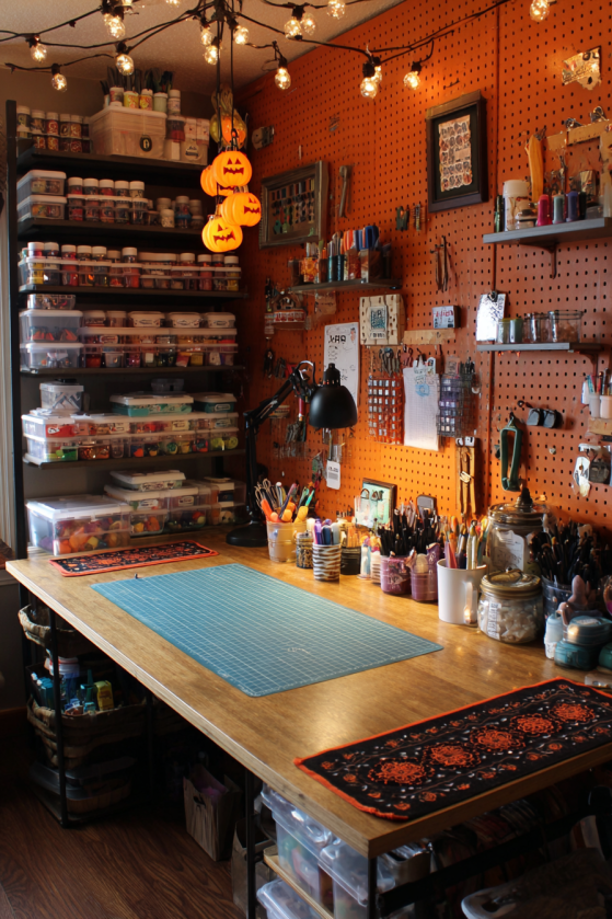 Craft Room Halloween Workshop with Pumpkin String Lights