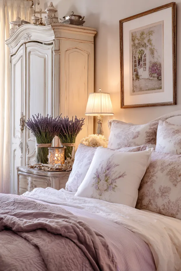French Country Master Bedroom with Lavender Toile and Antique Armoire