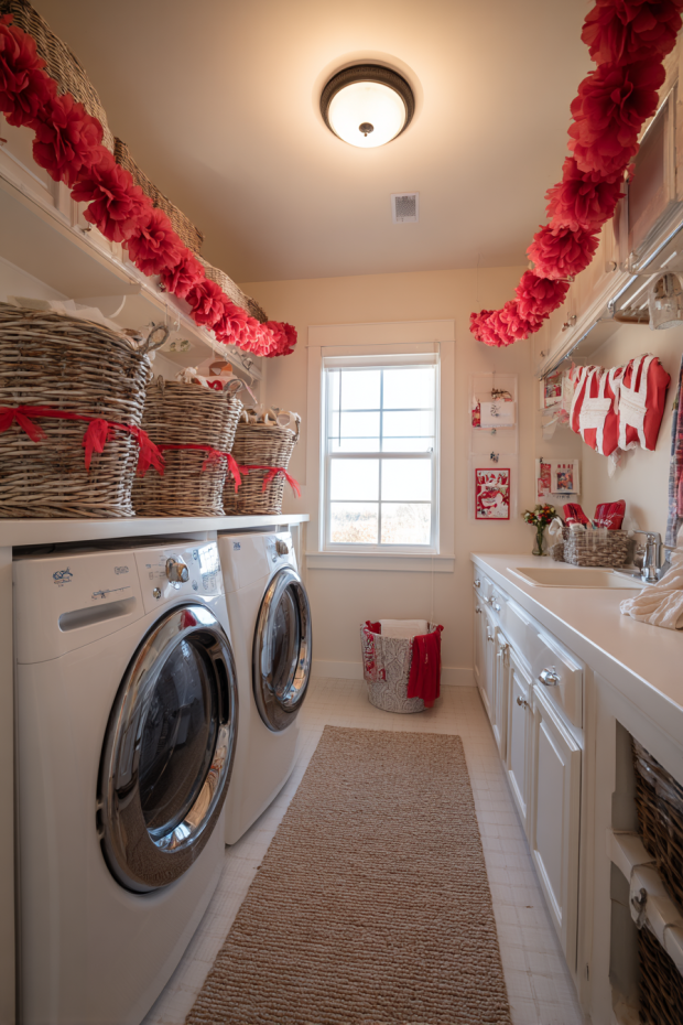 Laundry Room with Dryer Sheet Flower Garlands and Reindeer Clothespins