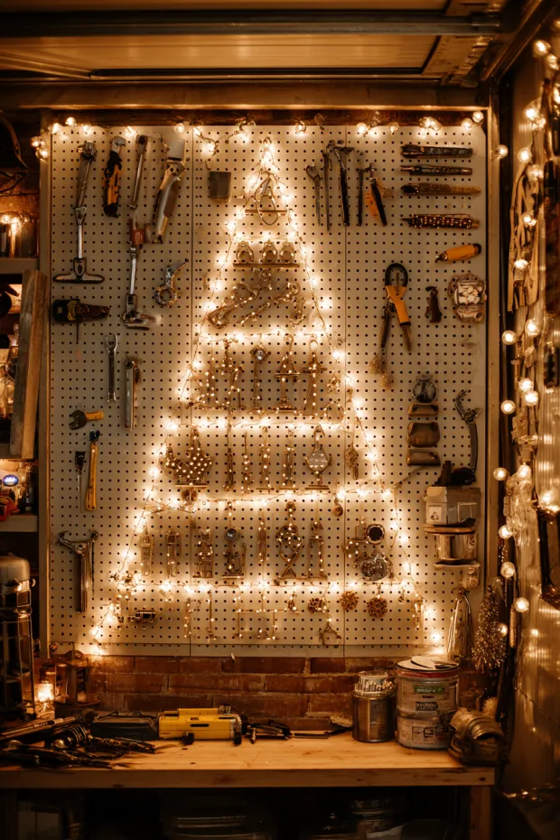 Workshop Garage Wall with Tool-Shaped Ornaments and Pegboard Christmas Trees