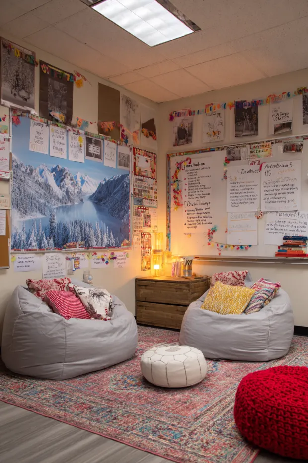 Psychology Classroom with Stress Management Tips and Mindfulness Corner
