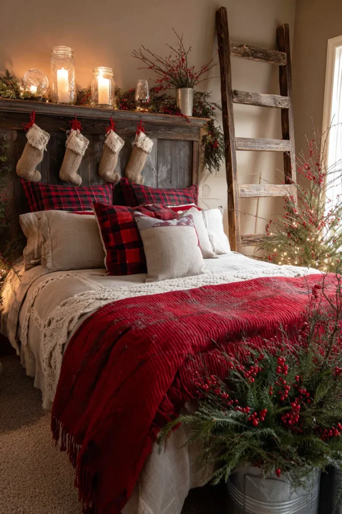 Farmhouse Christmas Abundance- Mason Jar and Burlap Red-Ribbon Bedroom
