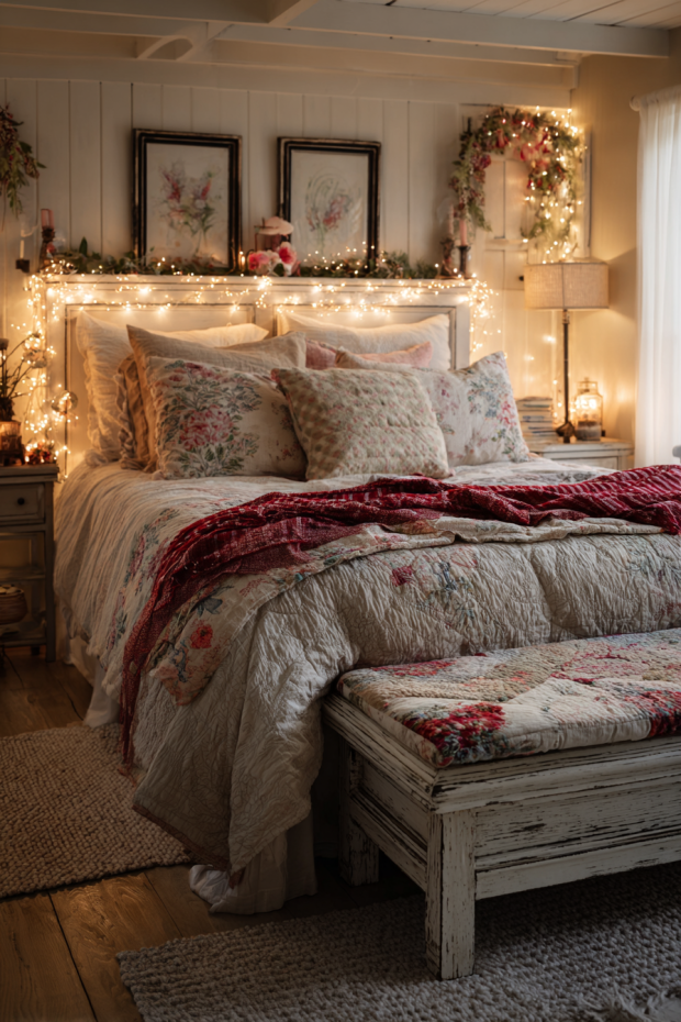 Master Bedroom with Icicle Light Headboard and Clearance Fabric Pillows