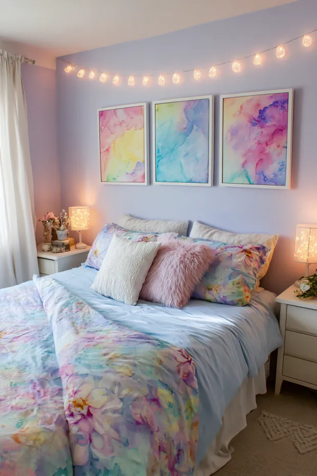 Teen Bedroom with DIY Watercolor Canvas Art and Egg-Shaped String Lights