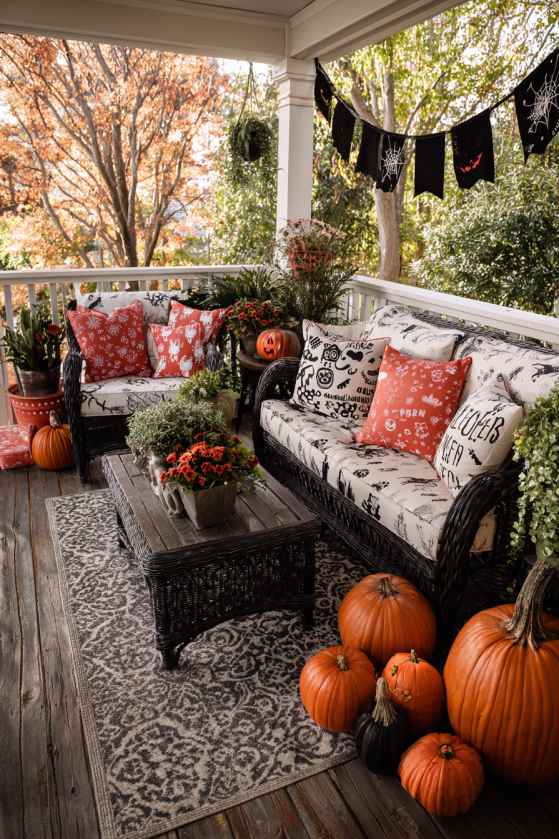 Three-Season Porch Halloween Display with Weather-Resistant Decorations