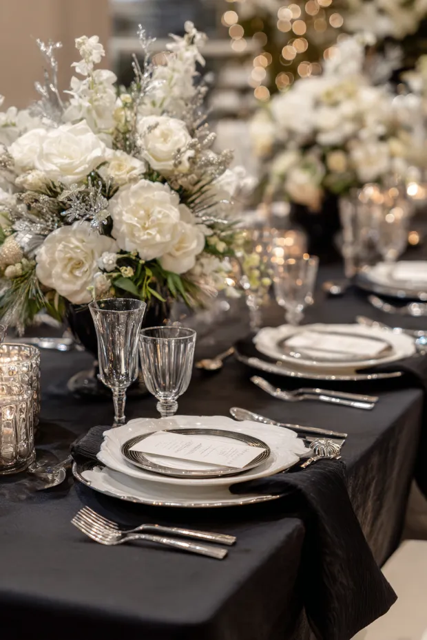 Formal Black Tie Holiday Dining with Elegant Sophisticated Decor