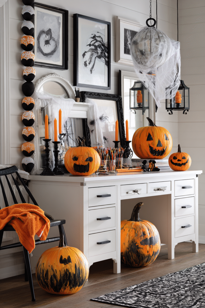 Art Studio Creative Workspace Black White and Orange Halloween Decor Ideas