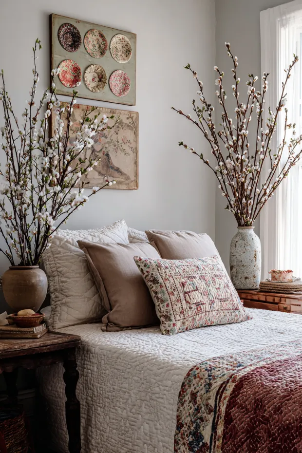 Guest Bedroom with Vintage Easter Bonnet Wall Art and Fresh Budding Branches