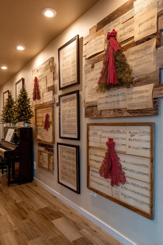 Piano Room Wall with Sheet Music Trees and Music-Themed Holiday Artwork