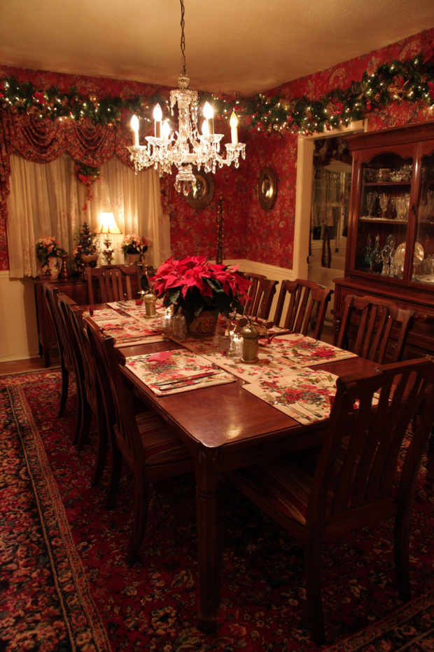 Dining Room with Dollar Store Chandelier Garland and Napkin Christmas Trees