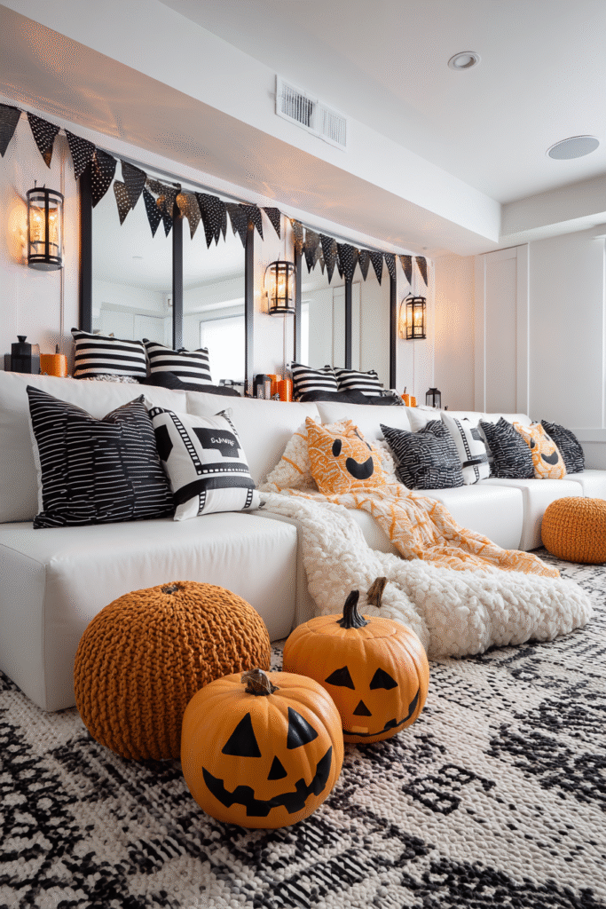 Home Theater Movie Room Black White and Orange Halloween Decor Ideas