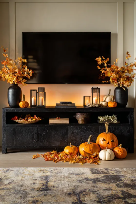 Sleek Black Console with Autumn Pumpkins