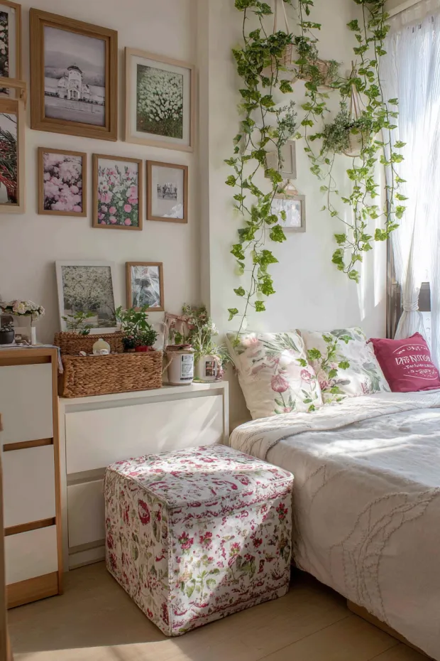 Small Apartment Bedroom with Spring Shadow Boxes and Hanging Ivy Gardens
