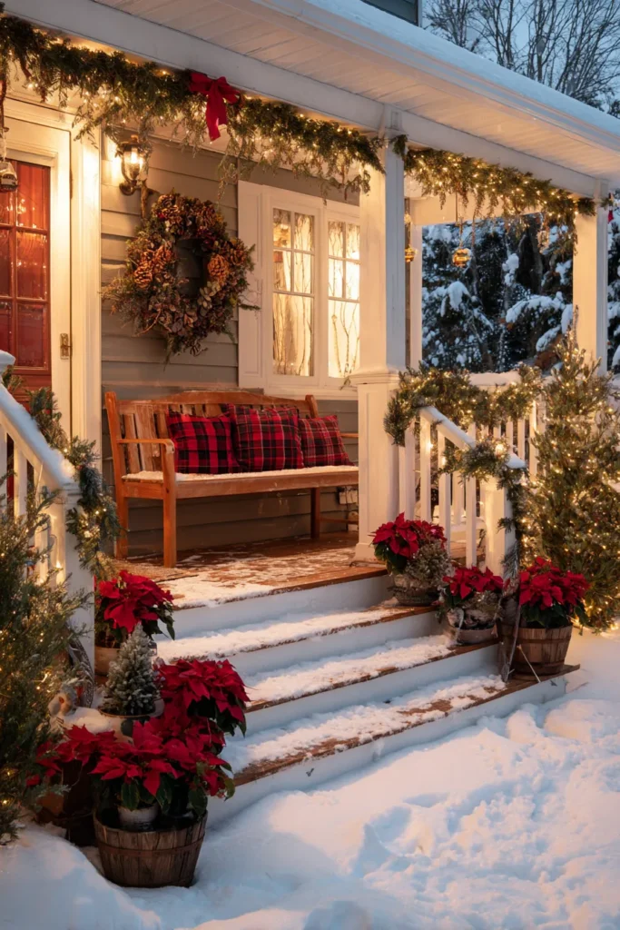 Traditional Christmas Porch with Evergreen Wreath and Red Accents