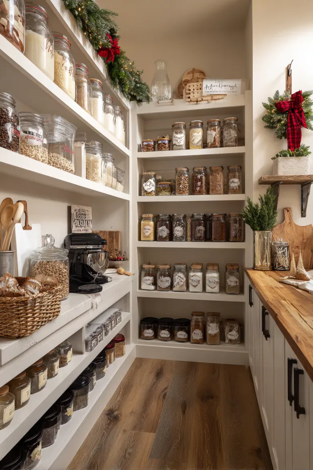 Walk-in Pantry Wall with Holiday Baking Supplies and Mason Jar Storage